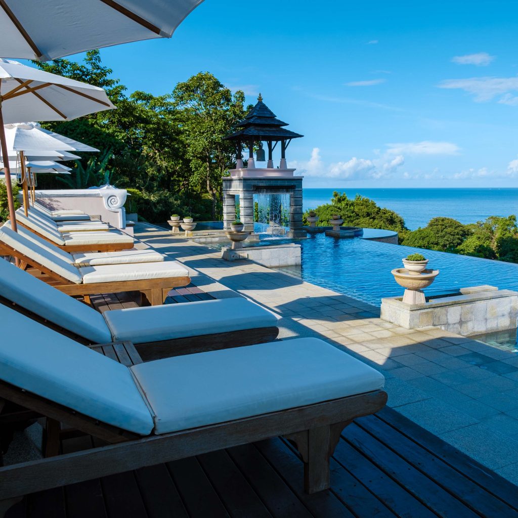 Koh Lanta Thailand June 2022, luxury beach chairs by the swimming pool of a luxury hotel in Thailand.